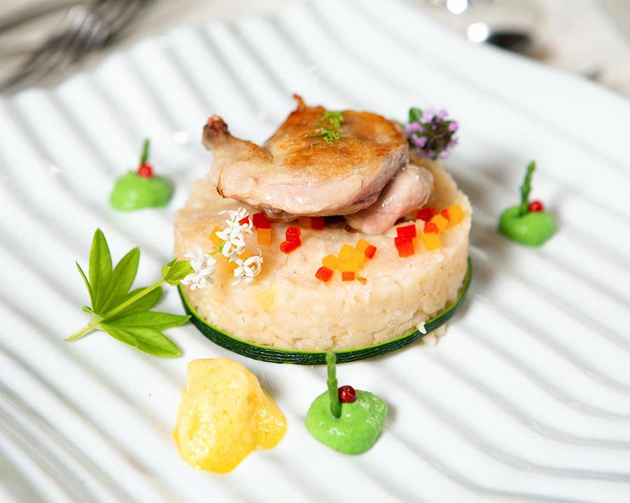 Foodfoto von Reis mit Geflügel auf weißem Teller